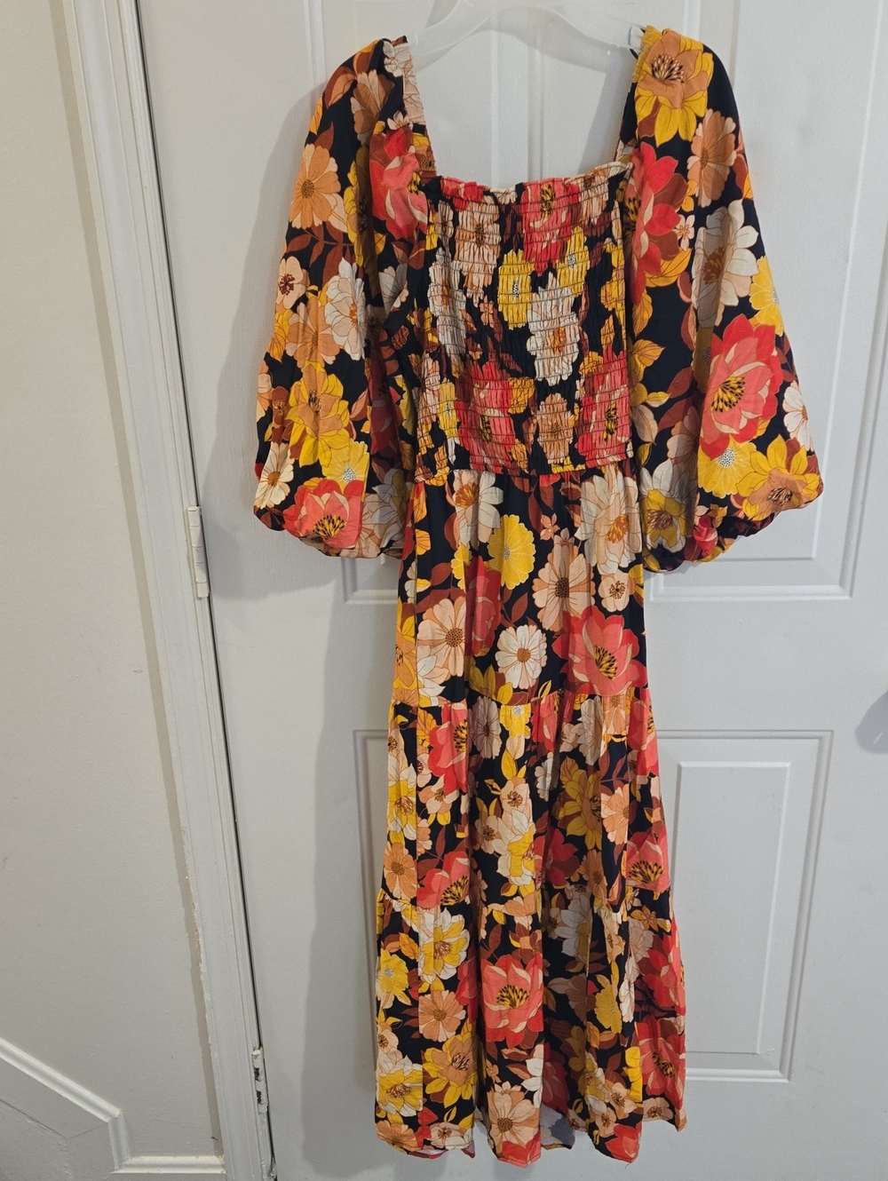 NWT Floral Smocked Square Neckline Maxi Dress Balloon Sleeves Tiered S Cottage